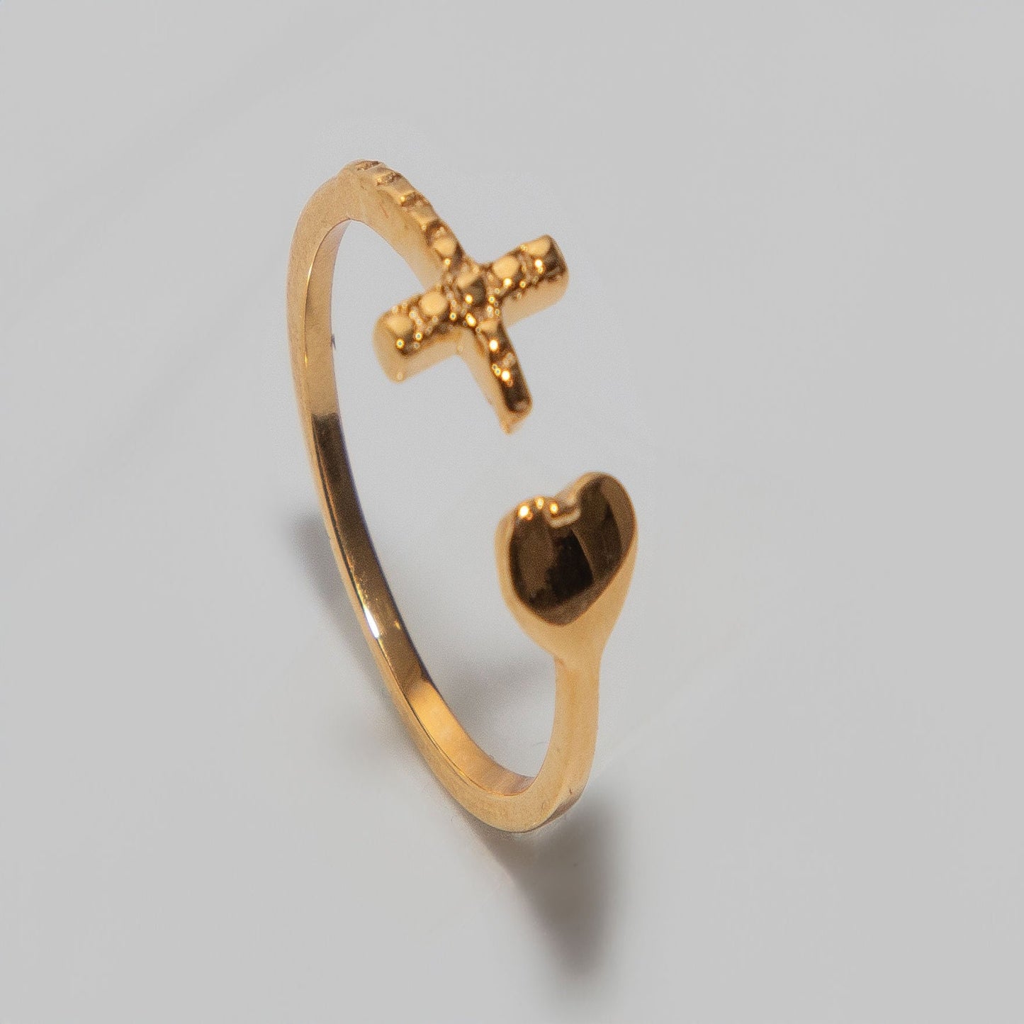 Solid Yellow Gold Adjustable Heart and Cross Endings Ring