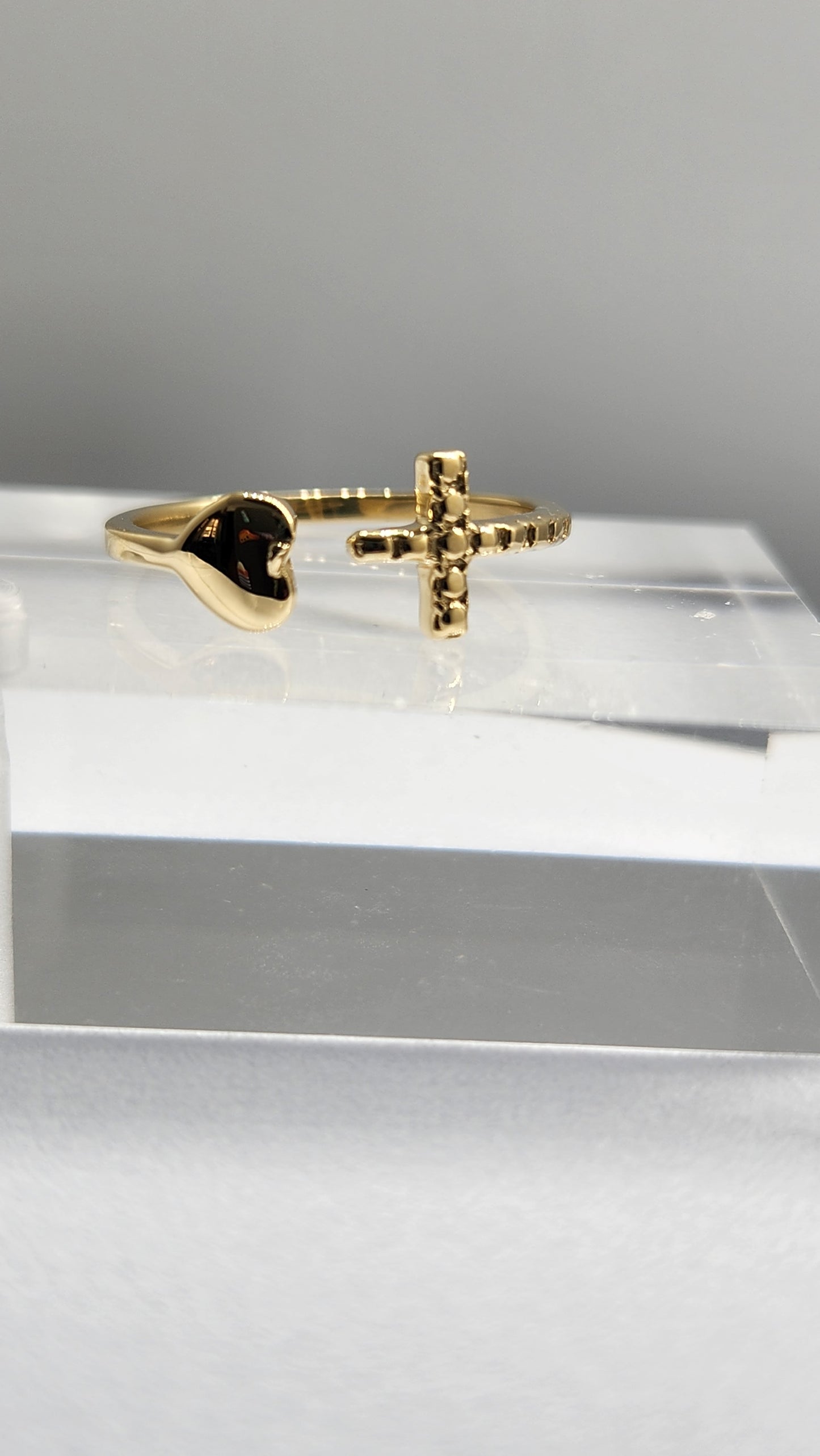 Solid Yellow Gold Adjustable Heart and Cross Endings Ring