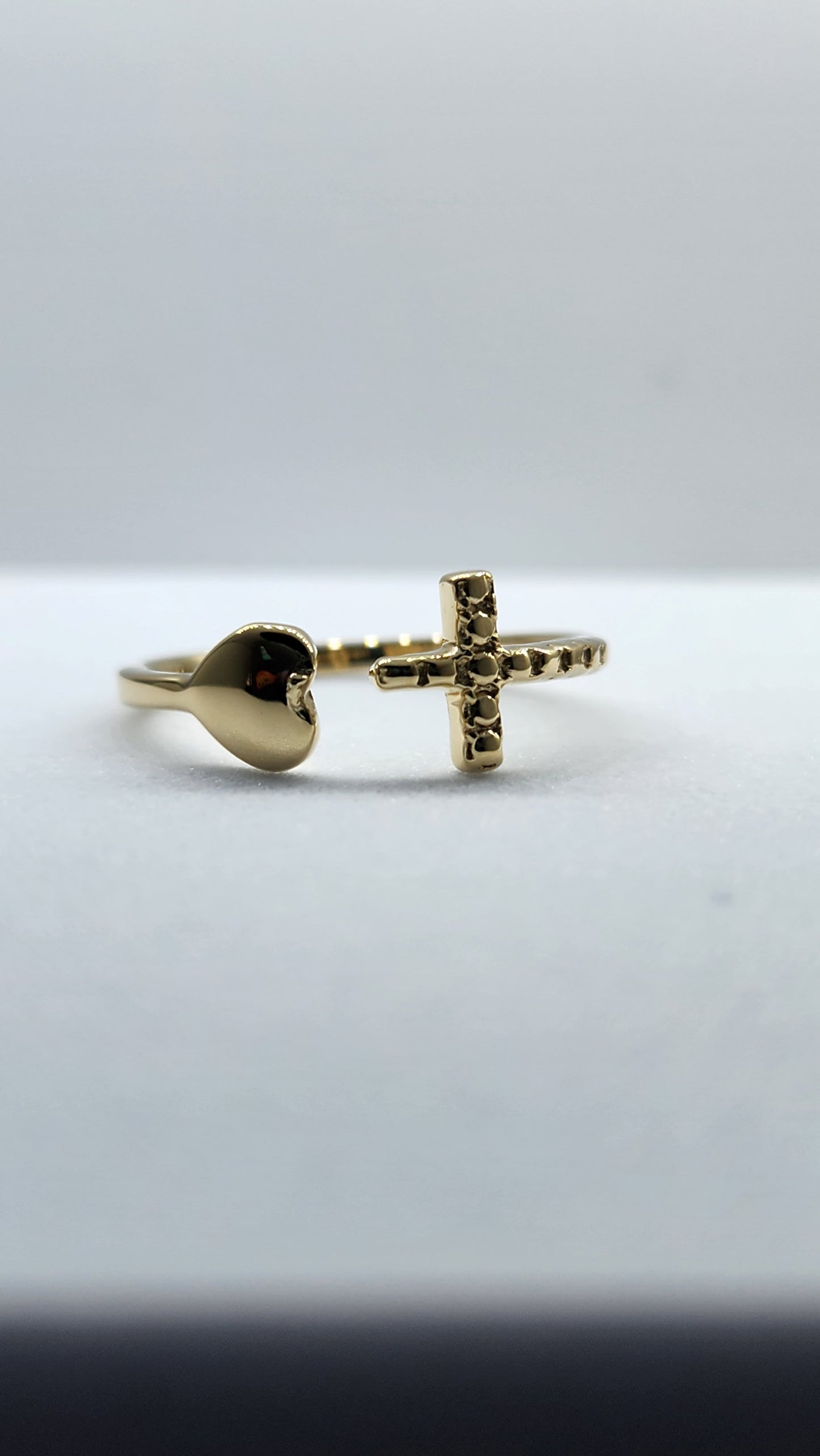 Solid Yellow Gold Adjustable Heart and Cross Endings Ring